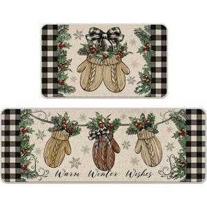 Warm Winter Wishes Mitten Kitchen Rugs Set of 2, Buffalo Plaid Check Bow Red Berry Farmhouse Kitchen Mats Decor, Christmas Holiday Floor Door Mat Home Decorations -17x29 and 17x47 Inch