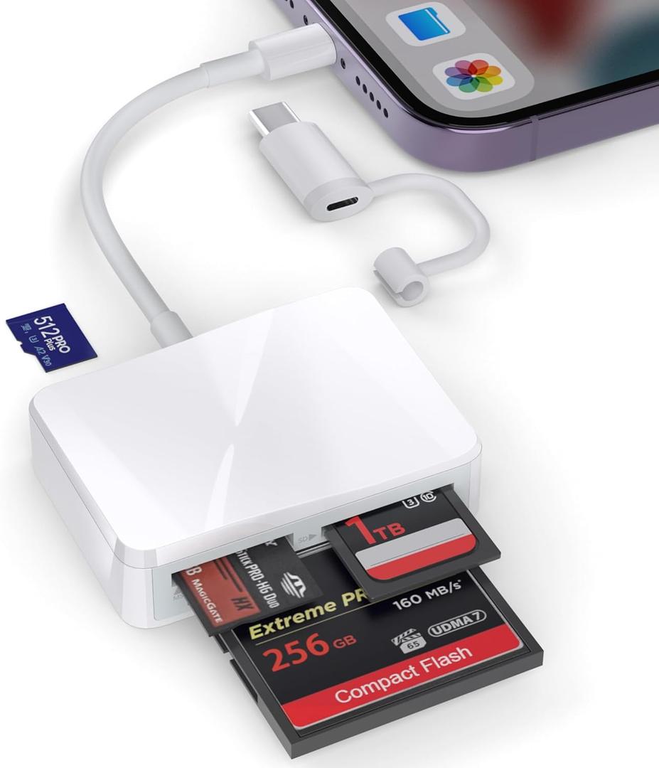 TIANSONG SD Card Reader for iPhone, 4 in 1 USB C and Lightning to CF/SD/MS/TF Card Adapter Memory Card Reader for Camera Adapter Trail Game Camera Viewer for iPad Macbook Plug and Play No App Required (White/Gray)