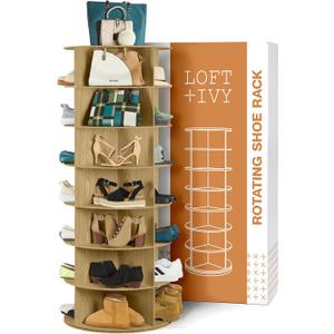 LOFT + IVY 7 Tier Rotating Shoe Rack Tower 360° Spinning Storage Organizer, Modern Round Shoe Carousel for Closet, Entryway, Bedroom Space Saving Rotating Lazy Susan Storage Tower (Light Brown)