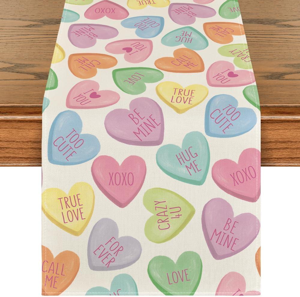 Artoid Mode Ture Love Heart Valentine's Table Runner, Seasonal Kitchen Dining Table Decoration for Home Party Decor 13x90 Inch (Beige)