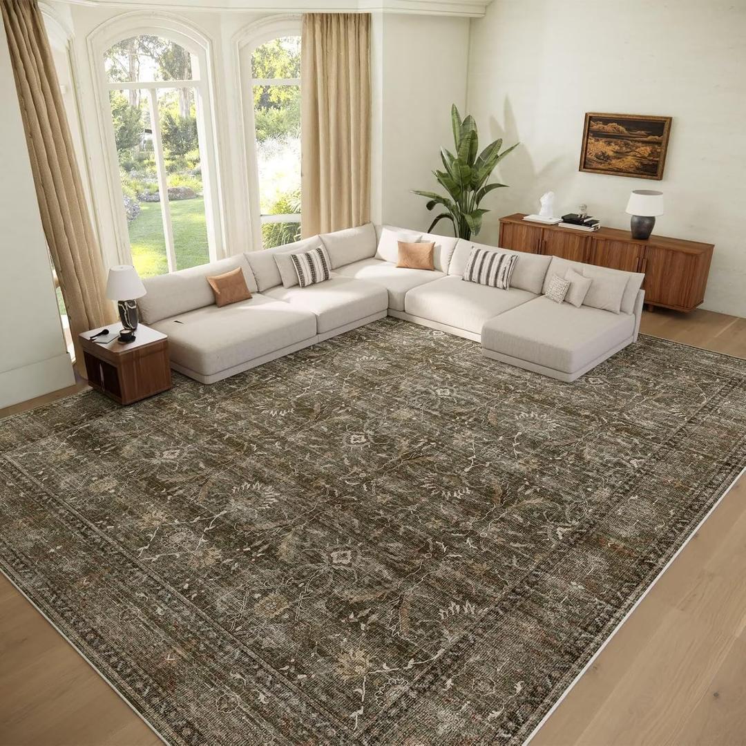 Washable 10x14 Area Rugs for Living Room, Boho Non-Slip Vintage Distress Large Rugs for Bedroom Dining Room Office, 0.3" Neutral Oriental Throw Thin Carpet, Rust/Multi, D2