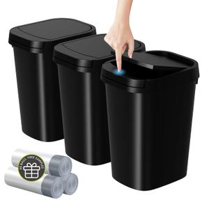 3 Pack Bathroom Small Trash Can with Lid, 2.6 Gallon Slim Garbage Bin with Pop-Up Lid, 10L Plastic Wastebasket for Bedroom, Office, Kitchen, Toilet (Matte Black)