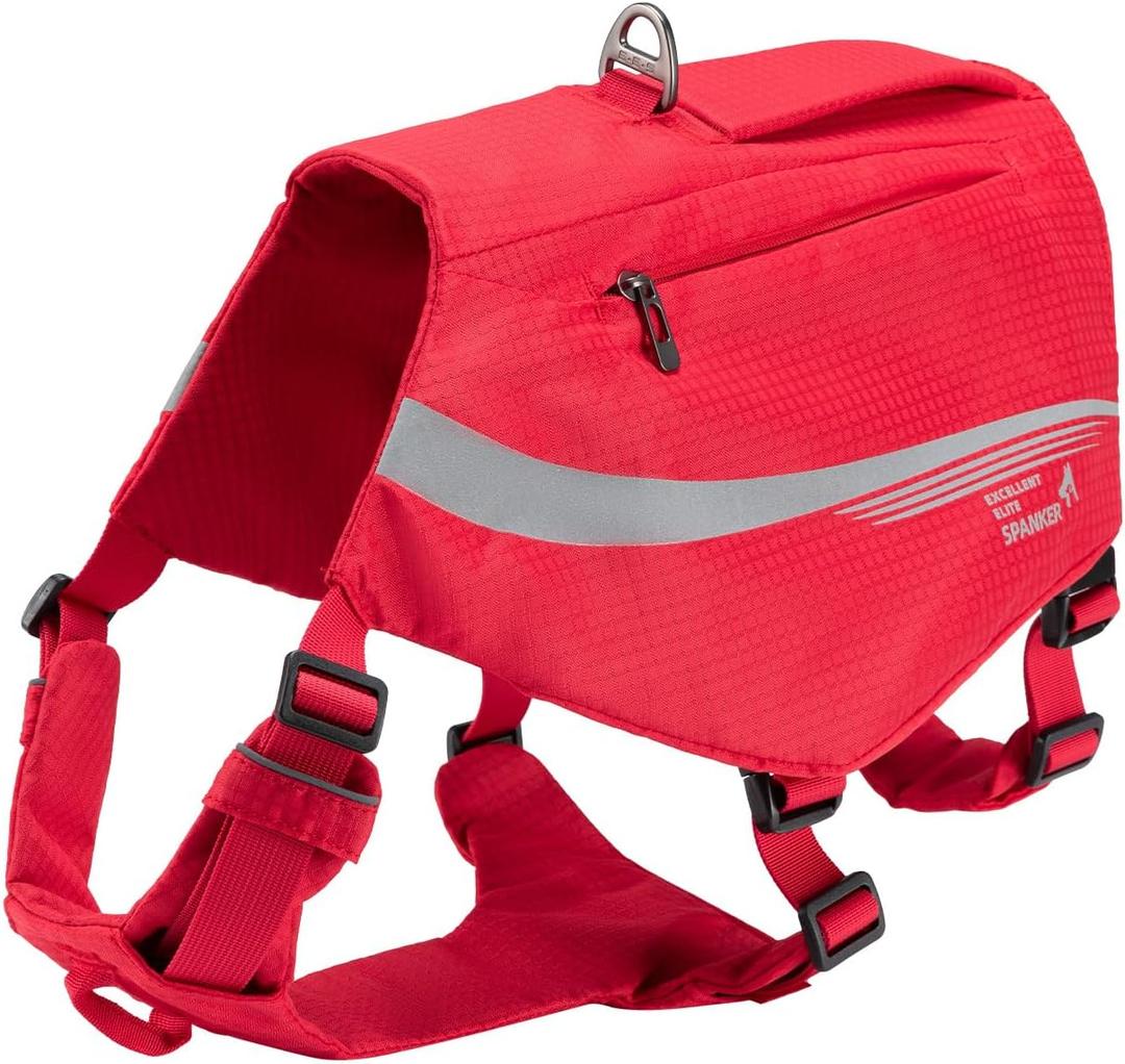 EXCELLENT ELITE SPANKER Y-Shaped Reflective Dog Backpack with Handle Pockets No Pull D-Rings Lightweight Hiking Gear for Dogs Hunting Camping Travel (Red)