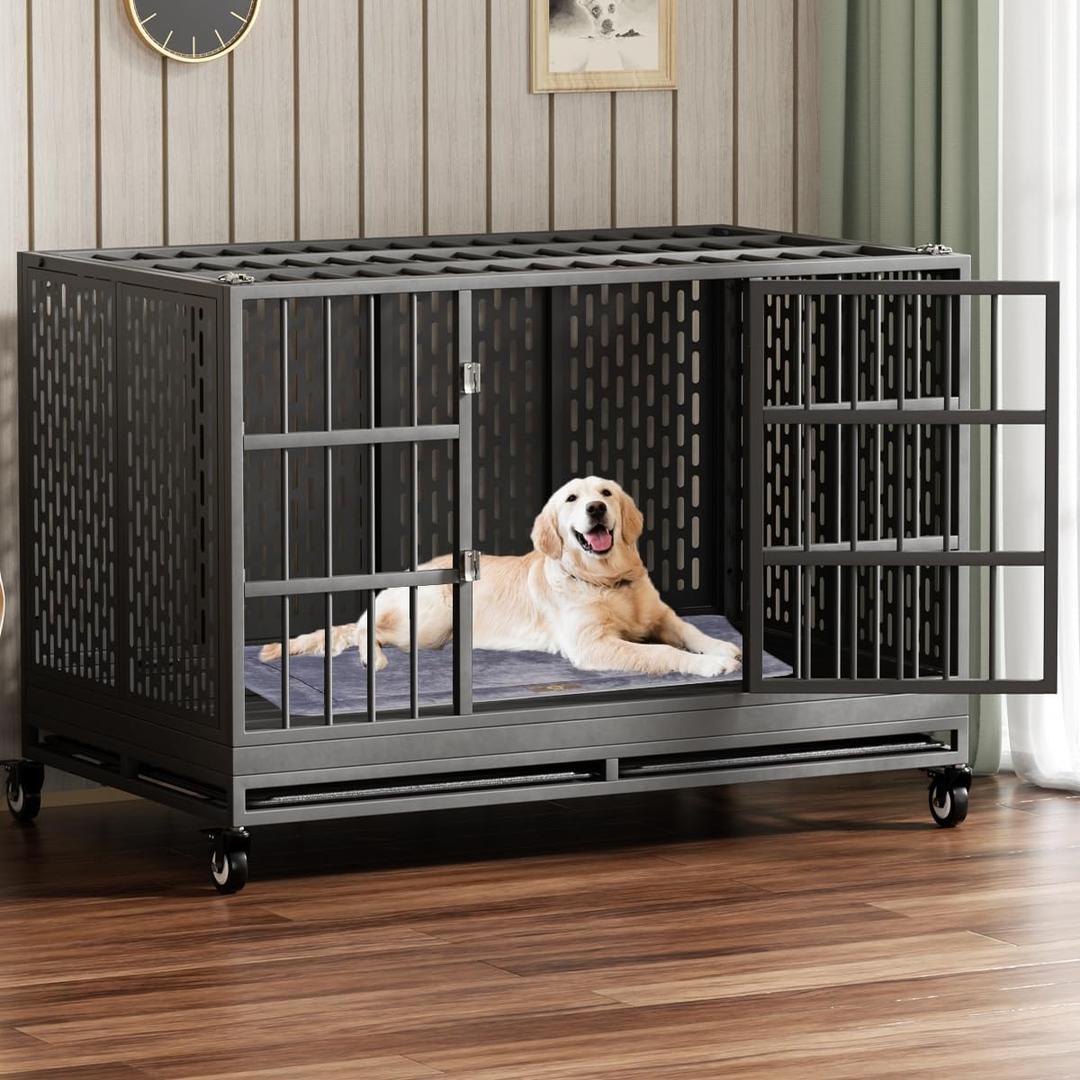 Snuowu 38 Inch Heavy Duty Dog Crate with Wheels, Folding Metal Big Dog Cage for Large and Medium Dogs, Extra Large XL XXL Indestructible Dog Crate with Removable Tray.