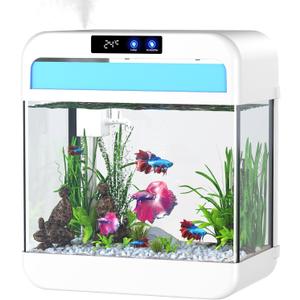 Fish Tank 2.2 Gallon Aquarium Tank Kit,with 3 Color Auto-Looping Light,Fish Bowl with Humidifier Pump,Fish Tank Small Aquarium,Temperature Display, Humidifier Function for Aquariums Starter Kits