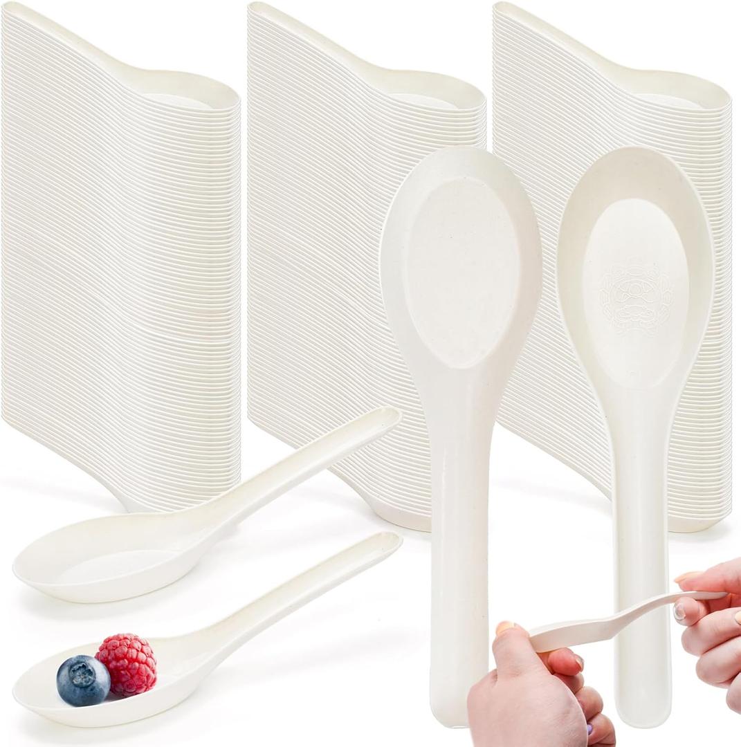 300 Pack Disposable Asian Soup Spoon, Small Plastic Spoons Bulk, 4.6"  1.2" Heavy Duty Spoons for Hot Soup, Plastic Utensils Cutlery for Home Restaurant Party Supply, Freezer Microwave Safe