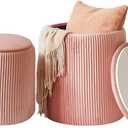 IBUYKE Storage Ottoman Set of 2 Round Ottoman for Dorm Vanity Stool with Storage Velvet Footrest Stool End Table Boucle Ottoman Seat Pink UWBD005P