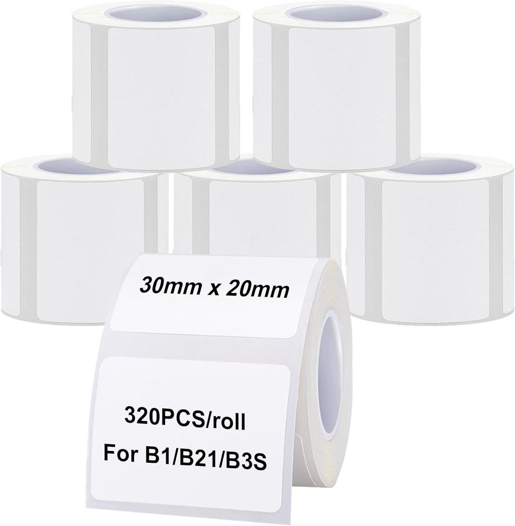 Labels Tape, 6 Rolls(1920PCS) Thermal Label Sticker for B21/B3S/B1 Printer Waterproof Sticker Paper Business Shipping Address Labeling Replacement with Self-Adhesive (30 x 20mm-320PCS)