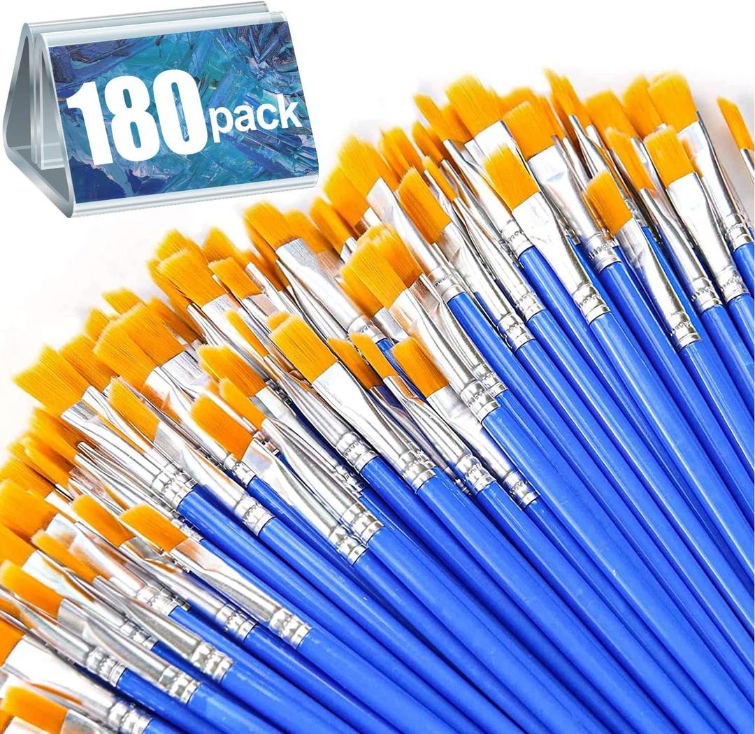 AROIC 180pcs Flat Paint Brushes Set, Small Brushes Bulk Nylon Hair for Kids Acrylic Oil Watercolor Artist, Professional Painting for Classroom Students (Blue)