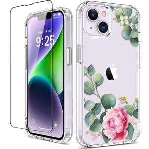 GiiKa for iPhone 14 Case with Screen Protector, 6.1" Clear Full Body Shockproof Protective Floral Girls Women Hard Case with TPU Bumper Cover Phone Case for iPhone 14, Camellia