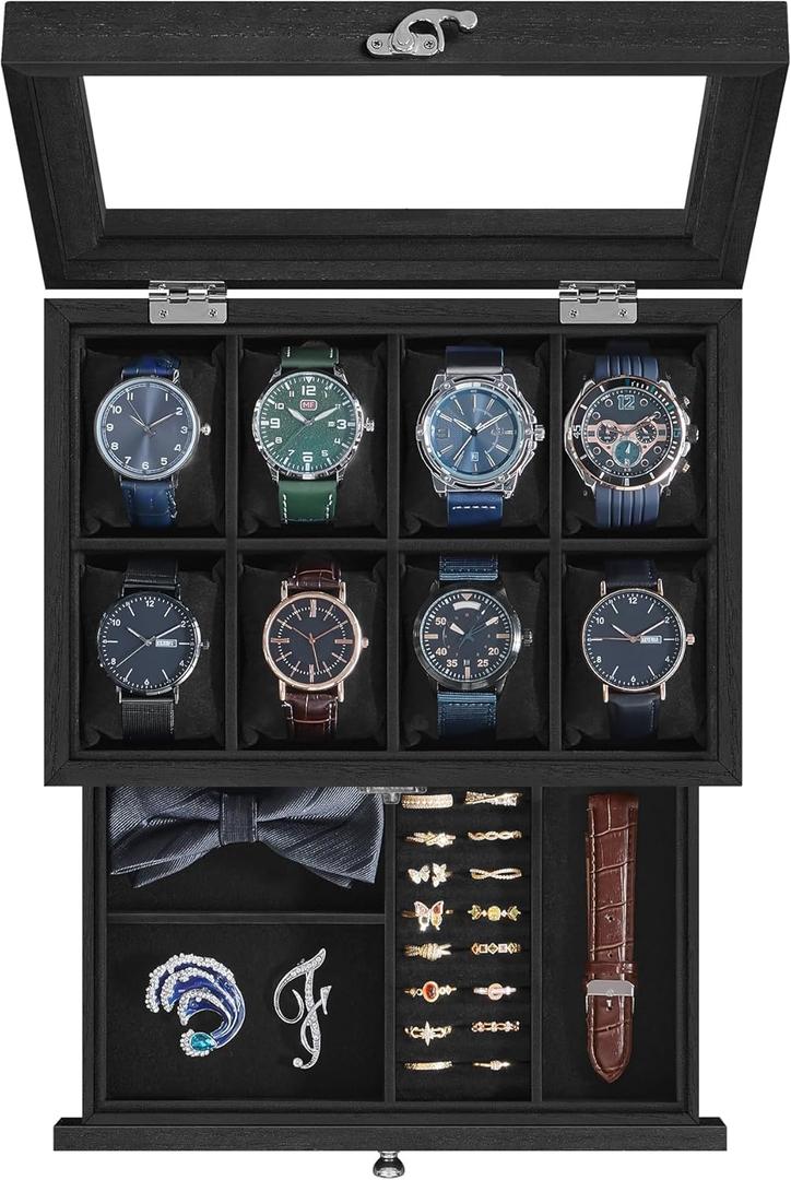 SONGMICS 8-Slot Watch Box, 2-Tier Display Case With Large Glass Lid, Removable Pillows, Velvet Lining, Jewelry Box, Gift Idea, Ink Black UJOW008B02