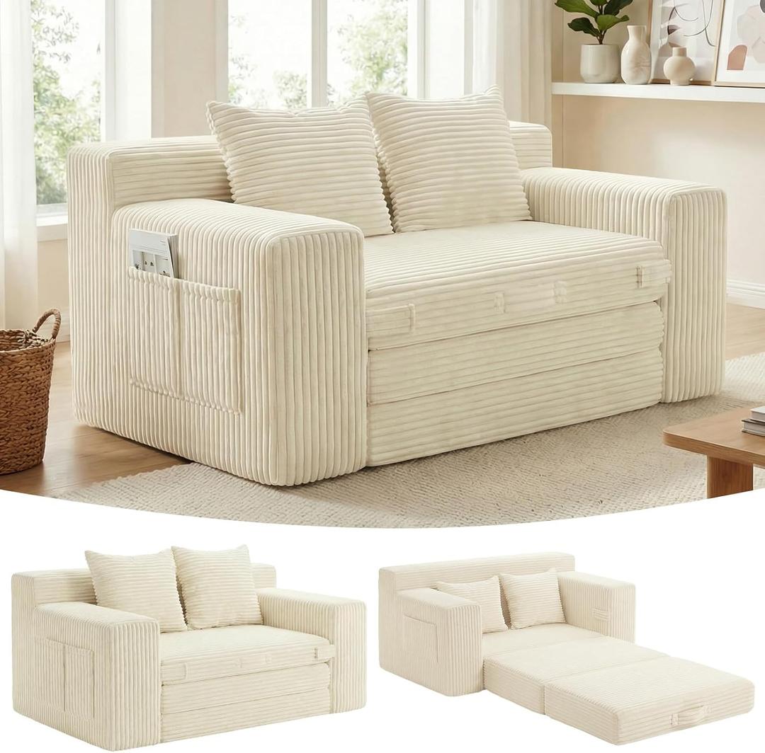 Boneless Couch,Boneless Loveseat Sleeper Sofa Bed – 3-in-1 Convertible Couch Bed with Side Pockets & Handle,Pull Out Corduroy Futon for Small Space,Living Room & Bedroom,2 Pillows Included,No Assembly, 2 Seater Sofa