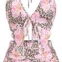 Women's 2 Piece Skirt Sets Floral Leopard Print Tie Front Split Halter Tops and Mini Skirts Rave Outfits, (Pink, L)