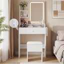 Haewon Small Makeup Vanity Set with Lighted Mirror and Chair, White | Built-In Charging Station, 3 Color Light Modes, Storage Drawer and Shelves, Foldable Top for Bedroom, Compact Space