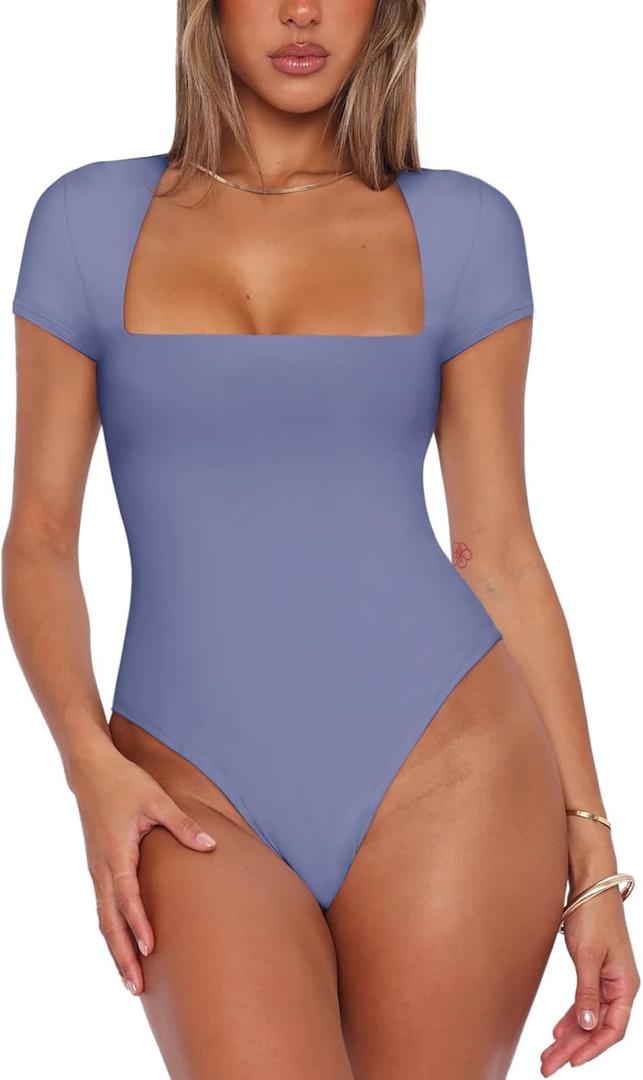 REORIA Womens Sexy Square Neck Double Lined Shirt Stretchy Basic Short Sleeve Going Out Thong Bodysuit Tops (Small, Blue Nova)
