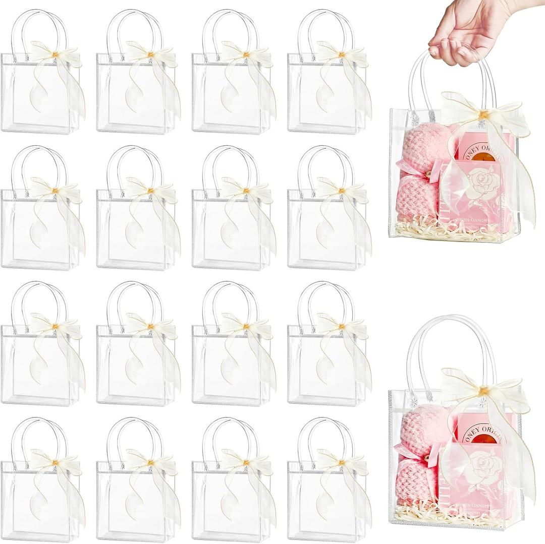 Ohuimrt 50 PCS Clear Plastic Gift Bags with Handles, 5.9 x 6.3 x 2.8 Inches Reusable Party Favor Bags with Ribbon Transparent Gift Wrap Bags Bulk for Weddings Birthdays