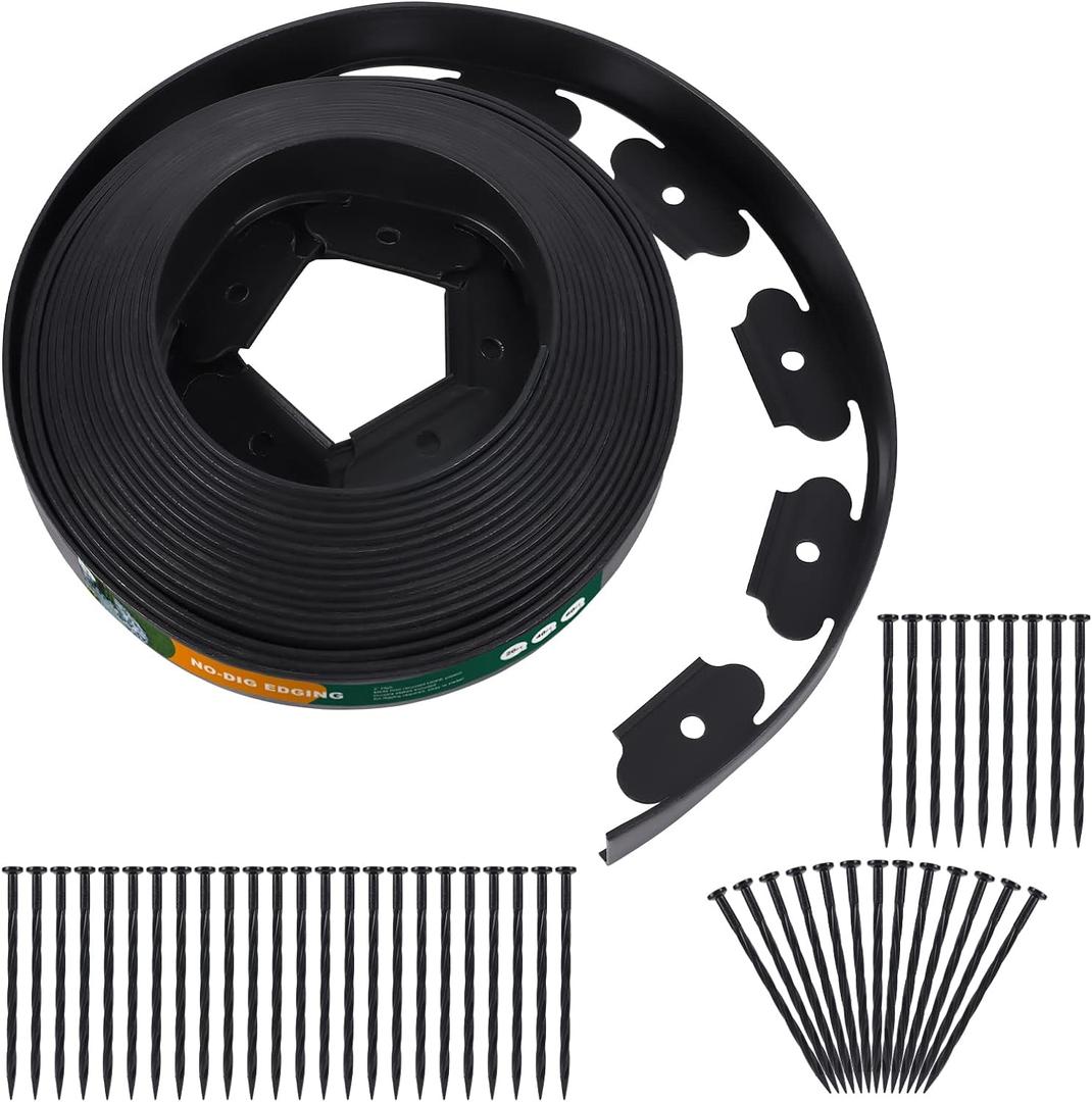No Dig Durable Garden Landscape Edging Kit, 2" Tall Black Plastic Lawn Border for Landscaping, Flower Gardens, Lawn (100FT+ 120pcs Anchoring Spikes, Black) (Black)