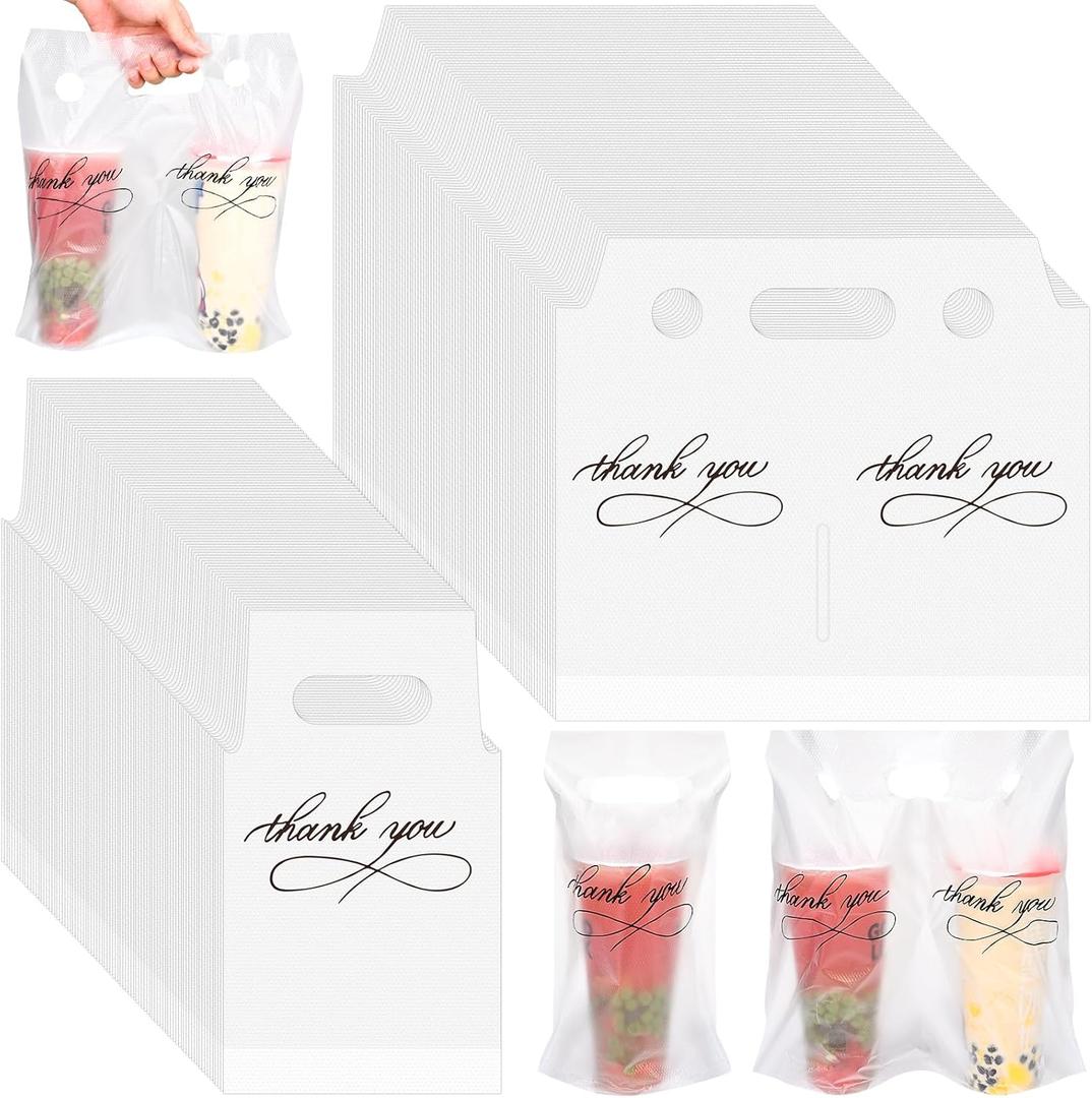 MJOGGOTT 1000 Count Handle Drinking Poly Bags, Thank You Clear Plastic Packaging Drinks Bags Drink Carrier with Handle Cup Carriers for Drinks Beverage Coffee Restaurant Bar, Hold 1 and 2 Cups