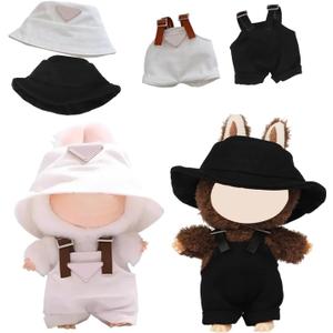 2PC Clothes Set for 17cm Doll,Outfit Set with Hat & Overalls of Clothes Designer,Doll Clothes of White+Black,Cute Clothes for Dress up Unique Style
