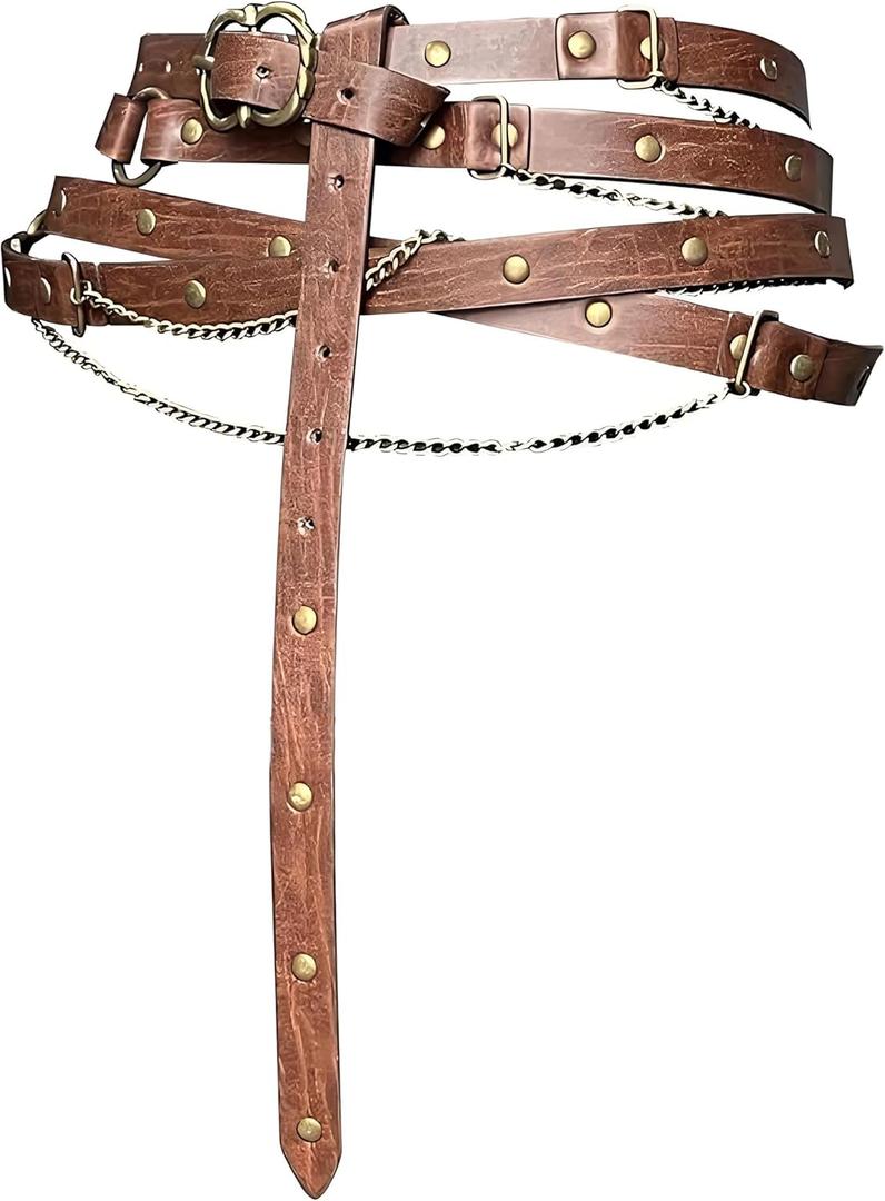 FALETO Medieval DIY Fax Leather Metal Chain Belts for Women Vintage Waist Belt Cosplay Renaissance Fairs Daily Wear (Brown, M)