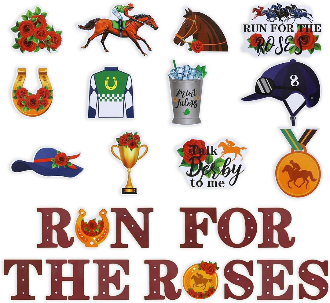 Sayglossy 74 Pcs Horse Derby Cutouts Decorations Double Sided Horse Race Party Supplies Run for the Roses Party Decoration with 100 Glue Points for Derby Day Festival Decor