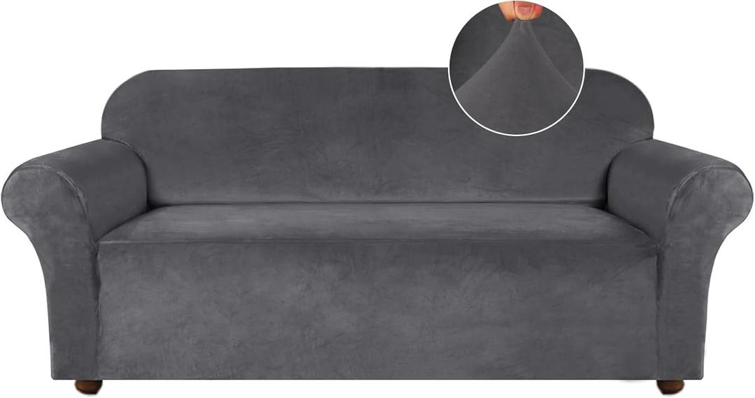 Turquoize Velvet Couch Covers Stretch Oversized Sofa Cover for 3 Cushion Large Couch Cover Thick Velvet Sofa Slipcovers with Non Slip Elastic Bottom Crafted from Soft Fabric (XL Sofa, Gray)