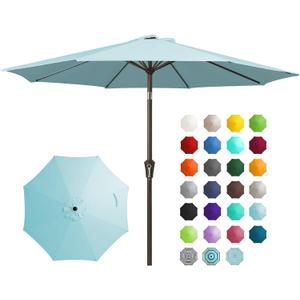 JEAREY 9FT Outdoor Patio Umbrella Outdoor Table Umbrella with Push Button Tilt and Crank, Market Umbrella 8 Sturdy Ribs UV Protection Waterproof for Garden, Deck, Backyard, Pool (Light Blue)