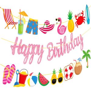 Beach Happy Birthday Banner Hawaiian Birthday Decorations 3Pcs Pink Beach Pool Party Banners Summer Birthday Decoration for Summer Holiday Baby Shower Party Supplies