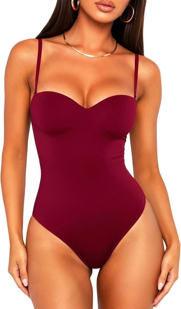 OZICERD Women Sexy Sweetheart Neck Cami Bodysuit Built in Bra Body Suit Top, Small