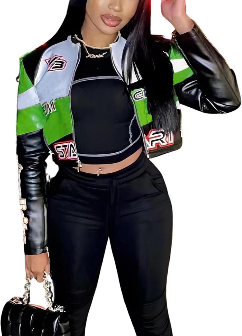 VOIKERDR Leather Jacket Women Zipper Moto Biker Short Leather Jacket Women Bomber Jacket Women Faux Leather Jacket (Large, Green)