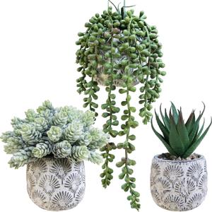 Winlyn Set of 3 Artificial Potted Succulent Plants Faux Aloe Hops String of Pearls in Rustic Concrete Planter Small Fake Desk Plants for Farmhouse Desk Kitchen Bathroom Shelf Windowsill Greenery Decor