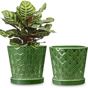 BUYMAX Plant Pots Indoor 6 inch Ceramic Flower Pot with Drainage Hole and Ceramic Tray - Gardening Home Desktop Office Windowsill Decoration Gift, Set of 2(Patina)