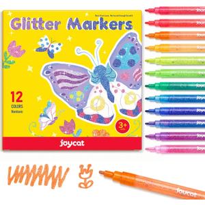 JoyCat 3mm Medium Tip Glitter Markers - 12 Vibrant Colors (Red to Pink) | 3ml High-Capacity Ink | Multi-Surface Paint Pens for Rock, Wood, Fabric, Glass | Gift for Kids DIY Crafts