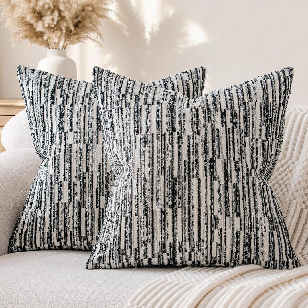 a moment Boho Throw Pillow Covers Set of 2,Striped Decorative Rustic Farmhouse Pillow Cases,Aesthetic Modern Home Decor Couch Cushion Covers for Bed Sofa Living Room 18"X18" Black