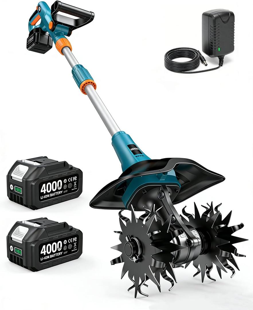 Seesii Cordless Tiller Cultivator, 20V Electric Tiller for Gardening with 2 x4.0Ah Batteries, 9" Tilling Width 6.6" Depth, Lightweight Adjustable Handle Rototiller for Lawn, Weeding & Soil Cultivation