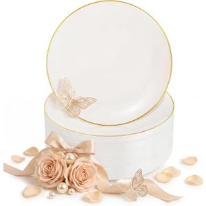 Nervure 100Pcs Ivory and Gold Plastic Plates - 7.5inch Disposable Ivory Dessert/Salad Plates - Heavy Duty Plastic Plate Ideal for Wedding & Party & Mothers Day
