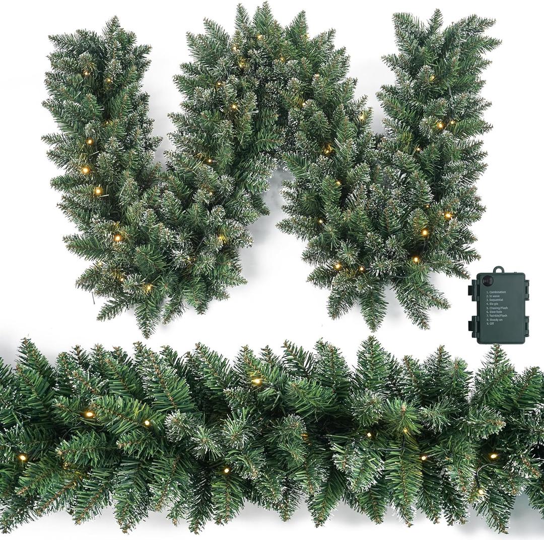 Christmas Garland 9 Ft by 12 Inch Prelit Fraser Fir Xmas Garland with 50 LED Lights, Real Like Lush and Classics Green Style for Indoor Outdoor Home Decoration (Brief-Snowy_Battery)