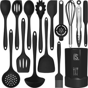 AOTHOD Silicone Cooking Utensils Set - 446F Heat Resistant Kitchen Utensils,Turner Tongs,Spatula,Spoon,Brush,Whisk,Kitchen Utensil Gadgets Tools Set for Nonstick Cookware,Dishwasher Safe (BPA Free) (Black)