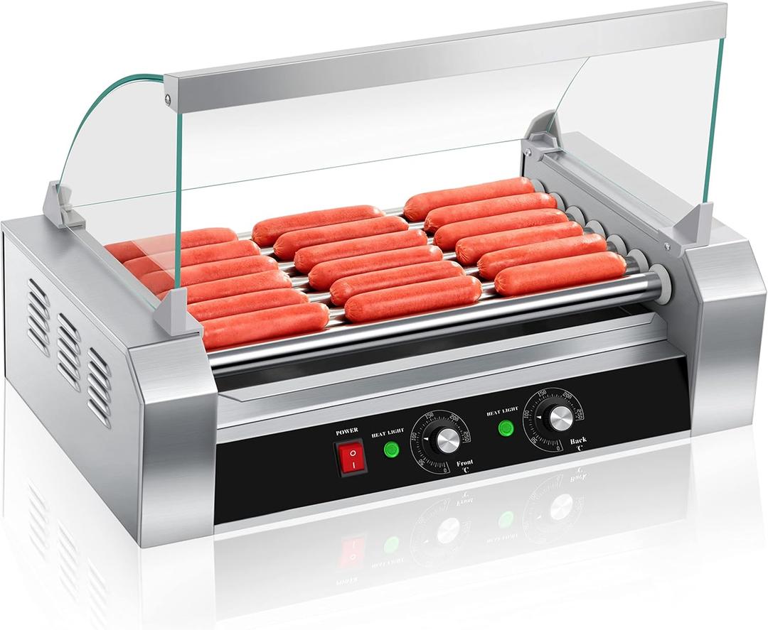 SYBO Hot Dog Roller - 18 Capacity, Non-stick Stainless Steel Rollers, Detachable Glass Cover, 1000-Watts, ETL Certified