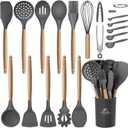 MIBOTE 17 Pcs Silicone Cooking Kitchen Utensils Set with Holder, Wooden Handles Silicone Turner Tongs Spatula Spoon Kitchen Gadgets Utensil Set for Nonstick Cookware (Grey) 