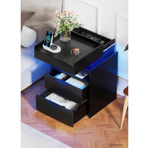 LED Night Stand with Gun Drawer, Smart Nightstand with Hidden Charging Station, Modern Beside Table with USB and Type-C Port End Table for Bedroom (Black)