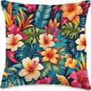 Hawaii Tropical Floral Pattern Hibiscus Flowers Palm Leaves Throw Pillow (16x16)