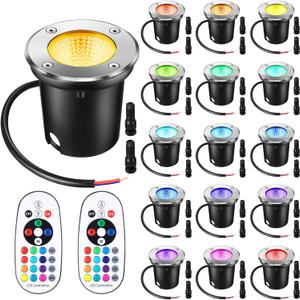 Tuanse 16 Pack Low Voltage Landscape Lights with 32 Connectors and 2 Remotes, RGBW Colored LED Well Lighting 12V-24V Waterproof Outdoor In Ground Lights for Garden Pathway Deck