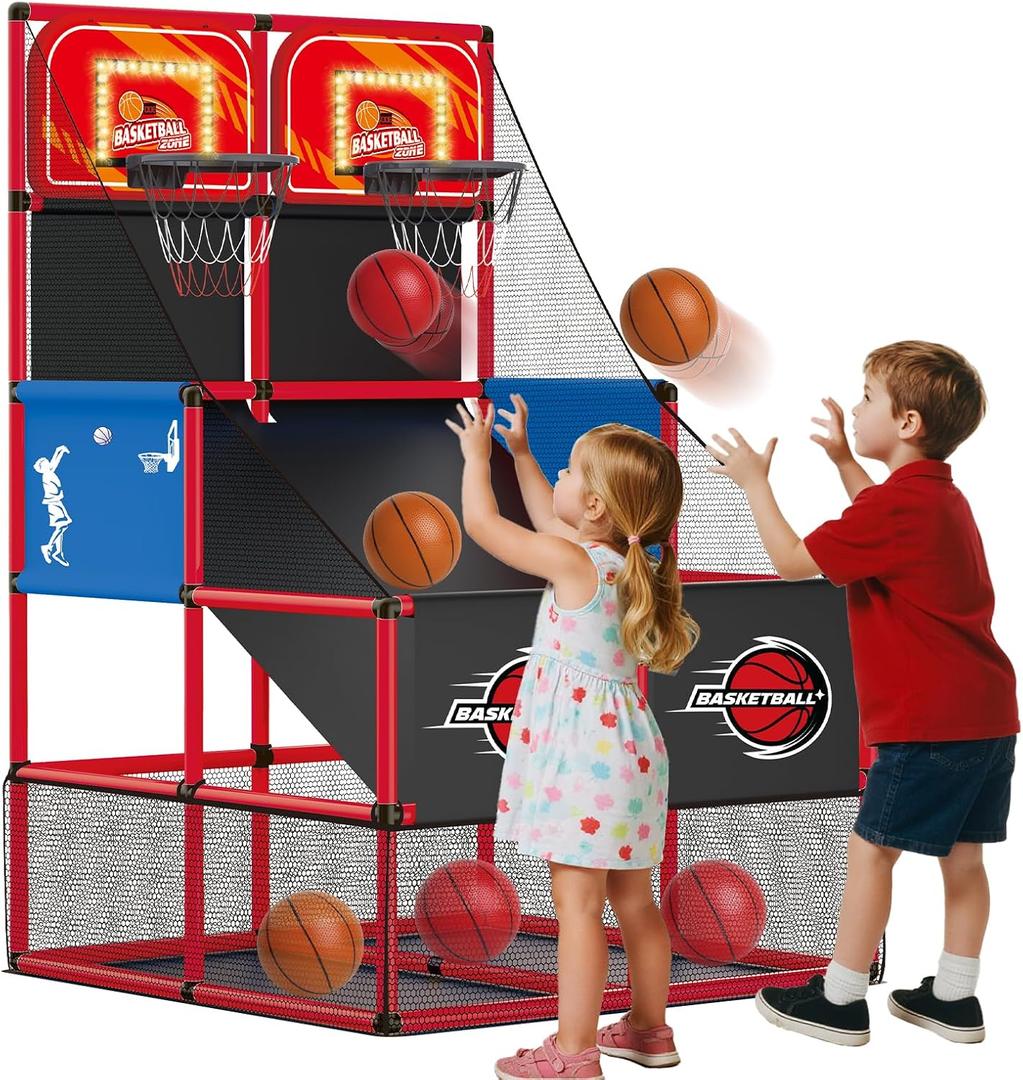 Upgrade Dual Basketball Arcade Game Kids Basketball Hoop with Electronic Scoreboard LED Light 6 Balls Indoor Outdoor Sports Toys Gifts for Boys Girls Ages 3-8 (Red), Adjustable