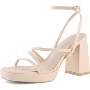 Shoe'N Tale Platform Heels for Women Strappy Block Chunky Heels Square Toe Ankle Buckle Sandals (9, Light Nude)