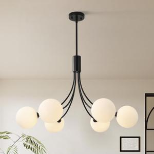 6-Light Modern Farmhouse Black Chandelier, Mid Century Dining Room Light Fixtures Over Table, Hanging Sputnik Chandelier for Kitchen Island Living Room Bedroom Office, Milk White Globe Glass Shade