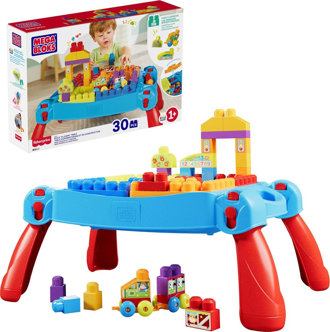 MEGA BLOKS First Builders Toddler Blocks Toy, Build n Learn Portable Activity Table with 30 Pieces and Built-In Storage, Blue, Kids Ages 1+ Years, 24 Inch
