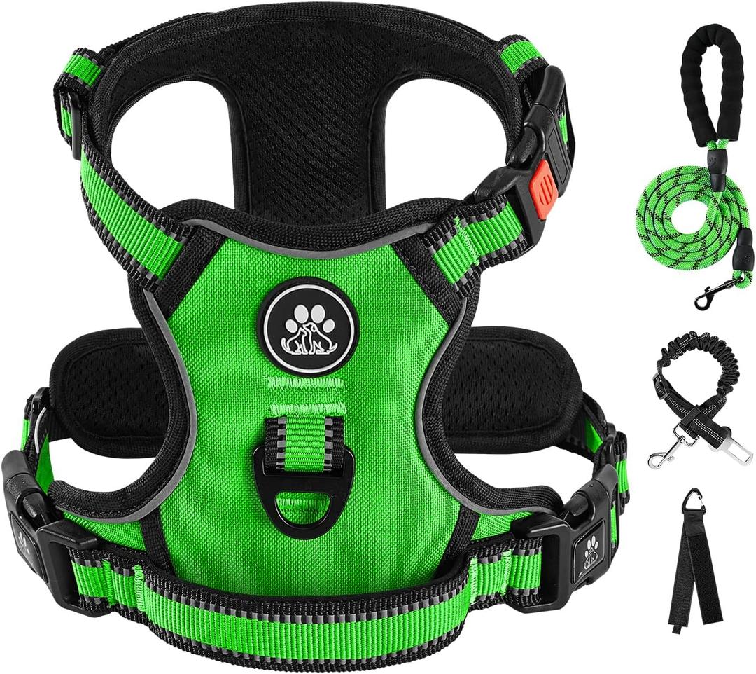 IVY&LANE No Pull Dog Harness for Medium Dogs, Dog Vest Harness with Leash, Safety Belt and Storage Strap, Fully Adjustable Harness, 360 Reflective Strip, Soft Handle (Green,Medium)