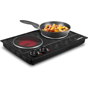 Hot Plate, CUSIMAX Double Burner Electric Hot Plate for Cooking, 1800W Dual Control Portable Stove Countertop Electric Burner Infrared Cooktop, Stainless Steel Black Marble