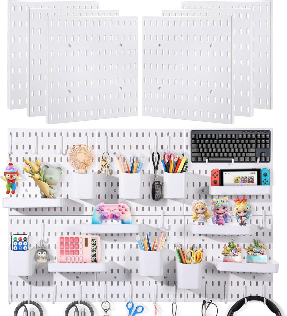 Pegboard Wall Organizer, 6-Pack 11"X11" White Peg Board With 48 Pcs Accessories, Multi-Surface Storage Solution for Garage, Office, Kitchen, Workshop and Gaming Room Organization